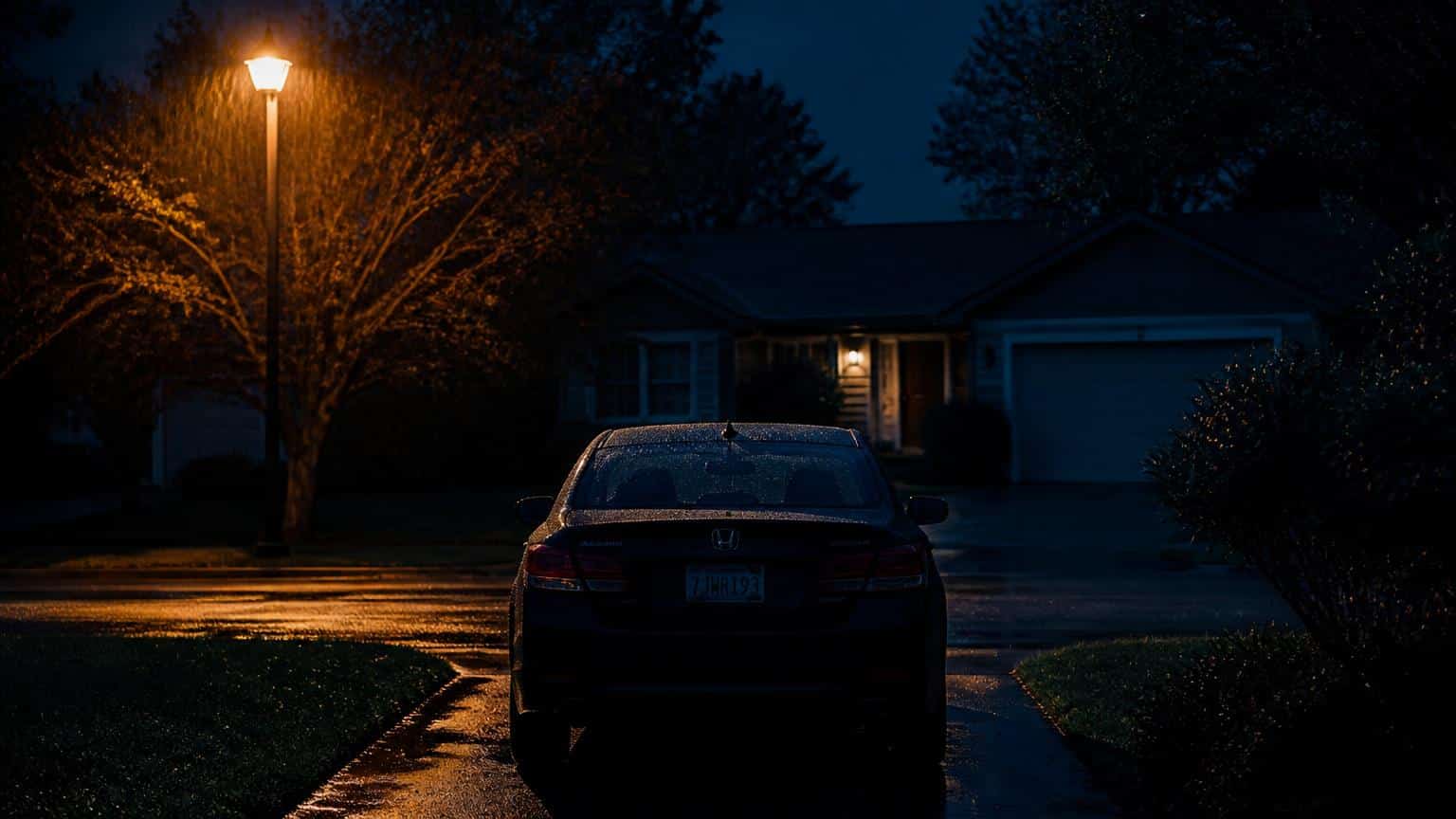 A parked car in a dark driveway facing a distant porch light, evoking a silent moment before entering the house