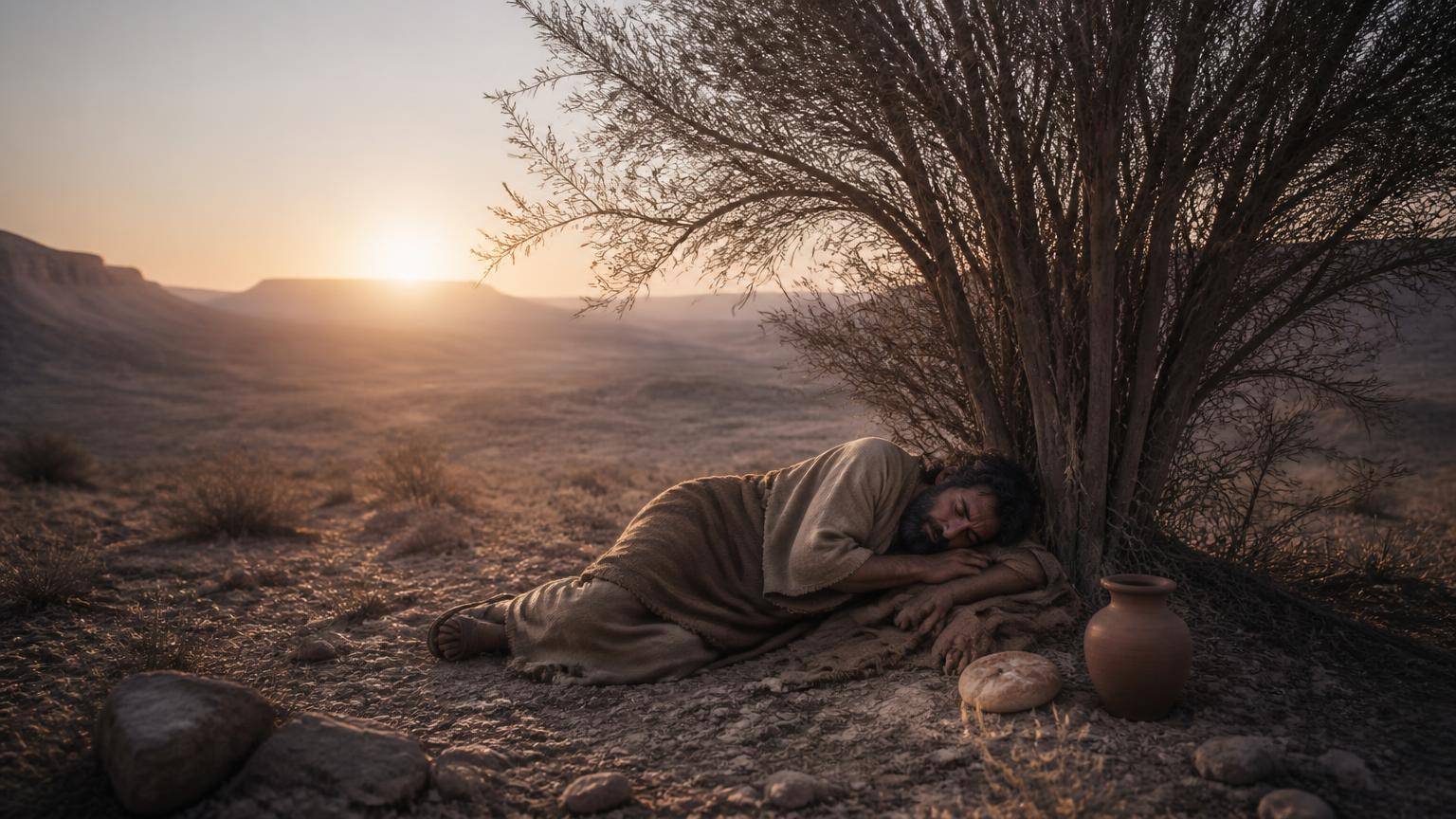 Elijah resting beneath a desert tree beside bread and water after asking God to let him die.