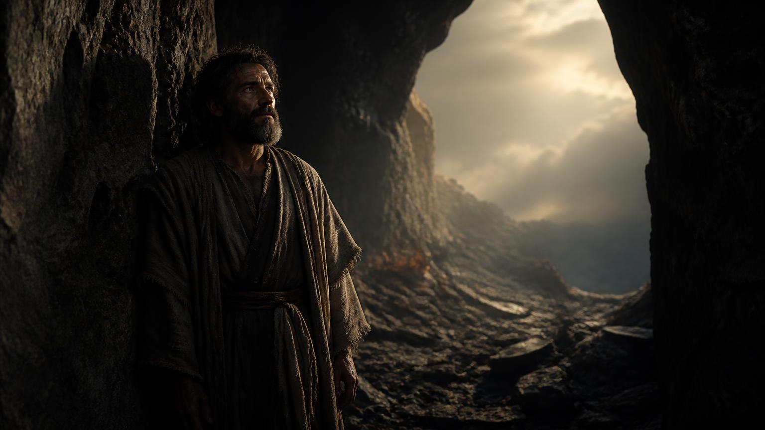 Elijah listening for God's gentle whisper at the entrance of a mountain cave.