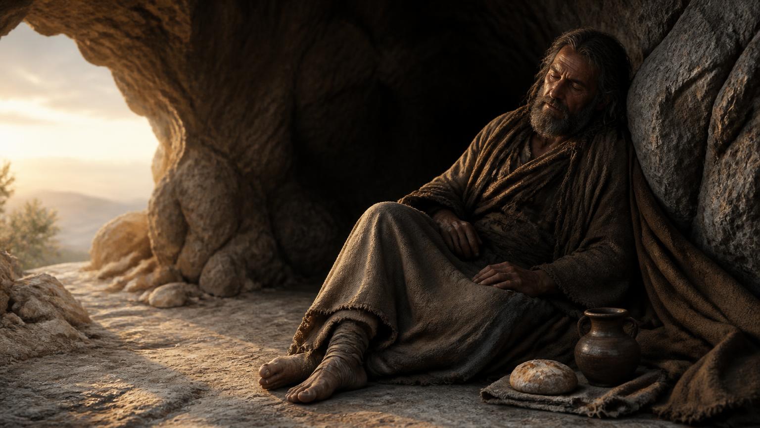 Elijah resting with bread and water at the entrance of a cave.