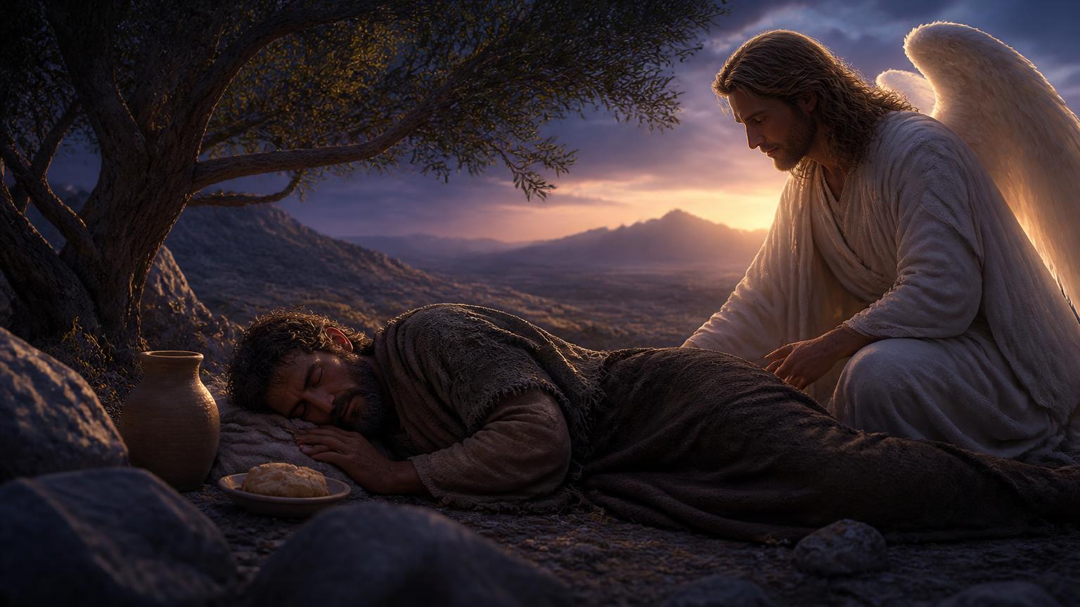 Elijah sleeping beneath a broom tree beside bread and water provided by God.