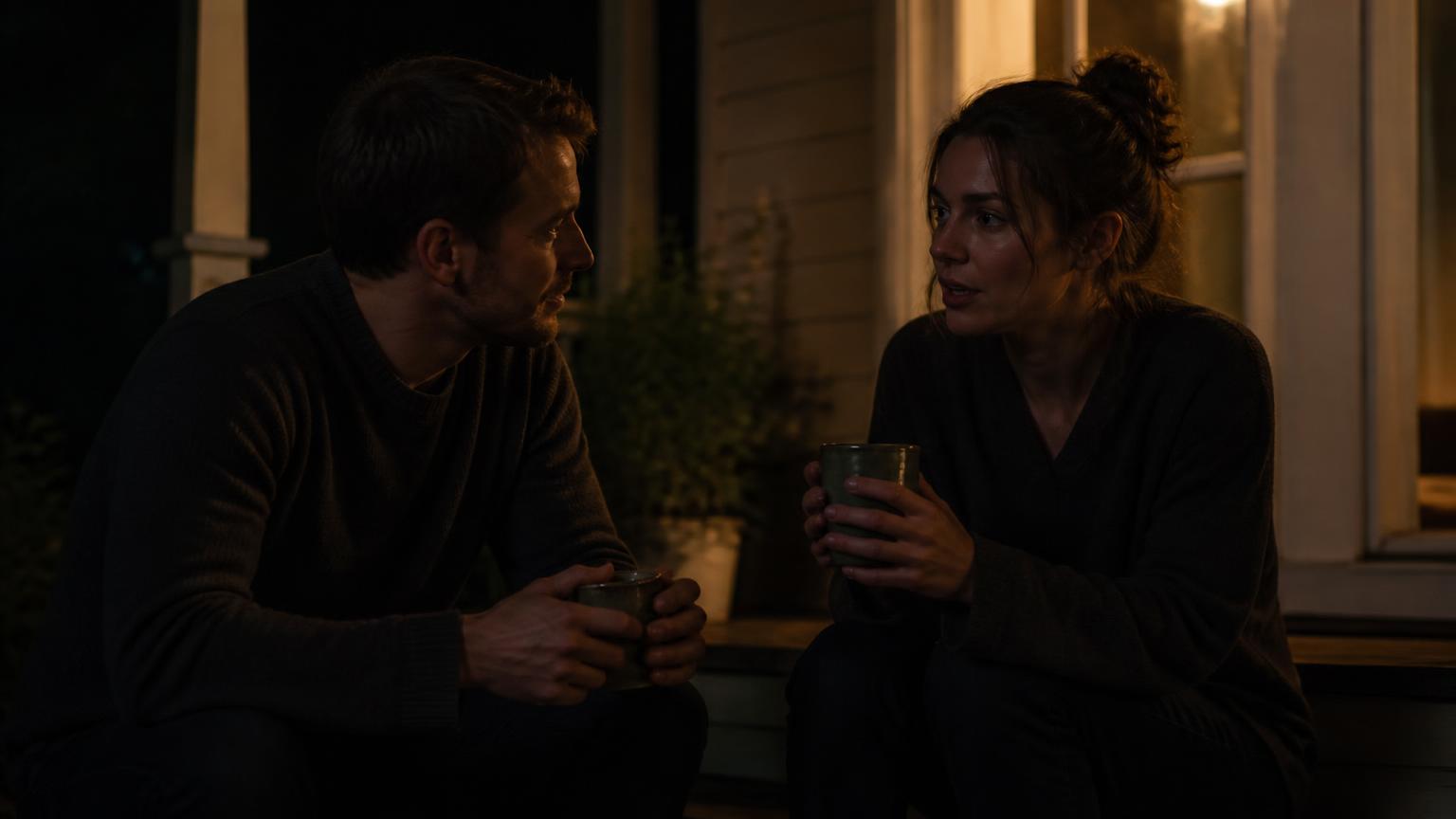 Two friends talking on a porch at night about being burned out from church