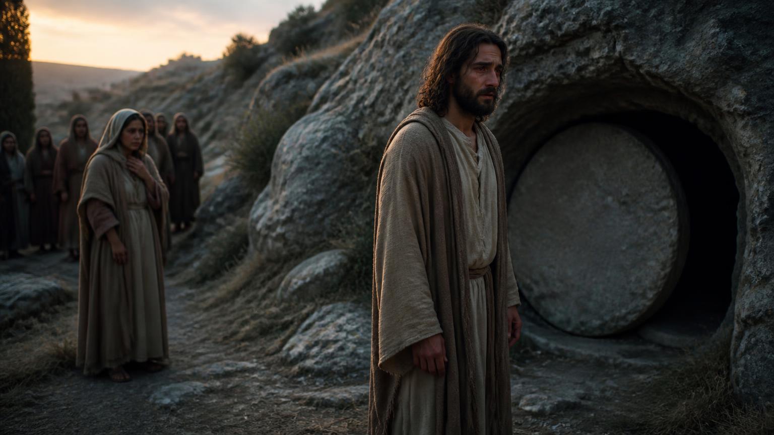 Jesus weeps with Martha and the mourners outside Lazarus's tomb.