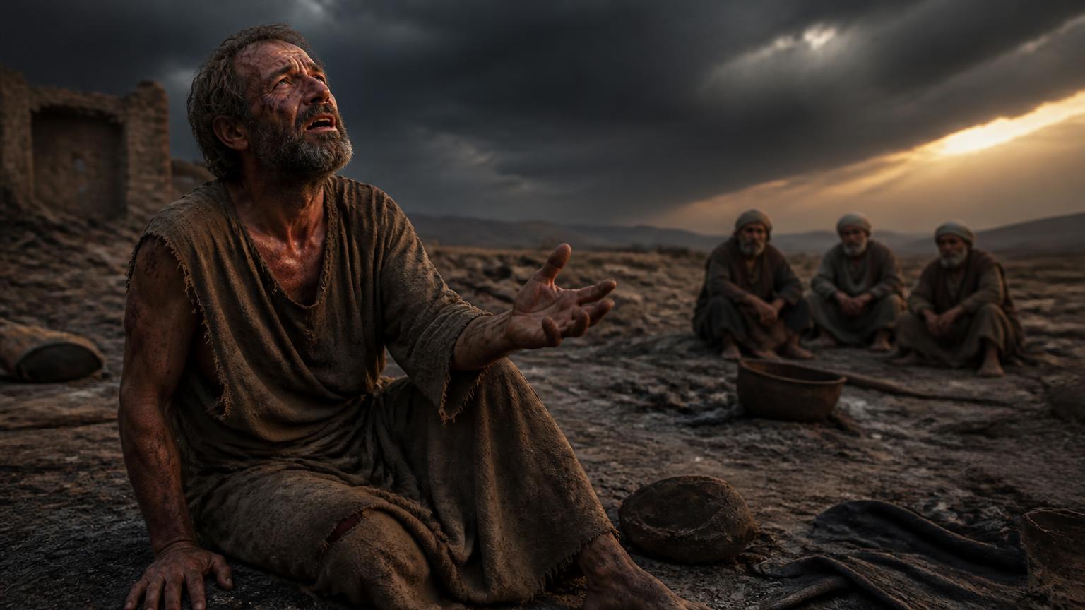 Job sitting in ashes and speaking honestly to God after losing his family, health, and security.