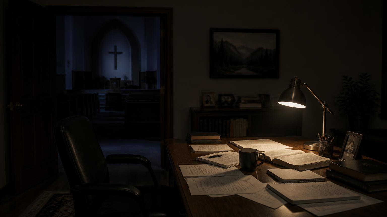 Empty church office at night representing pastoral burnout and ministry burnout