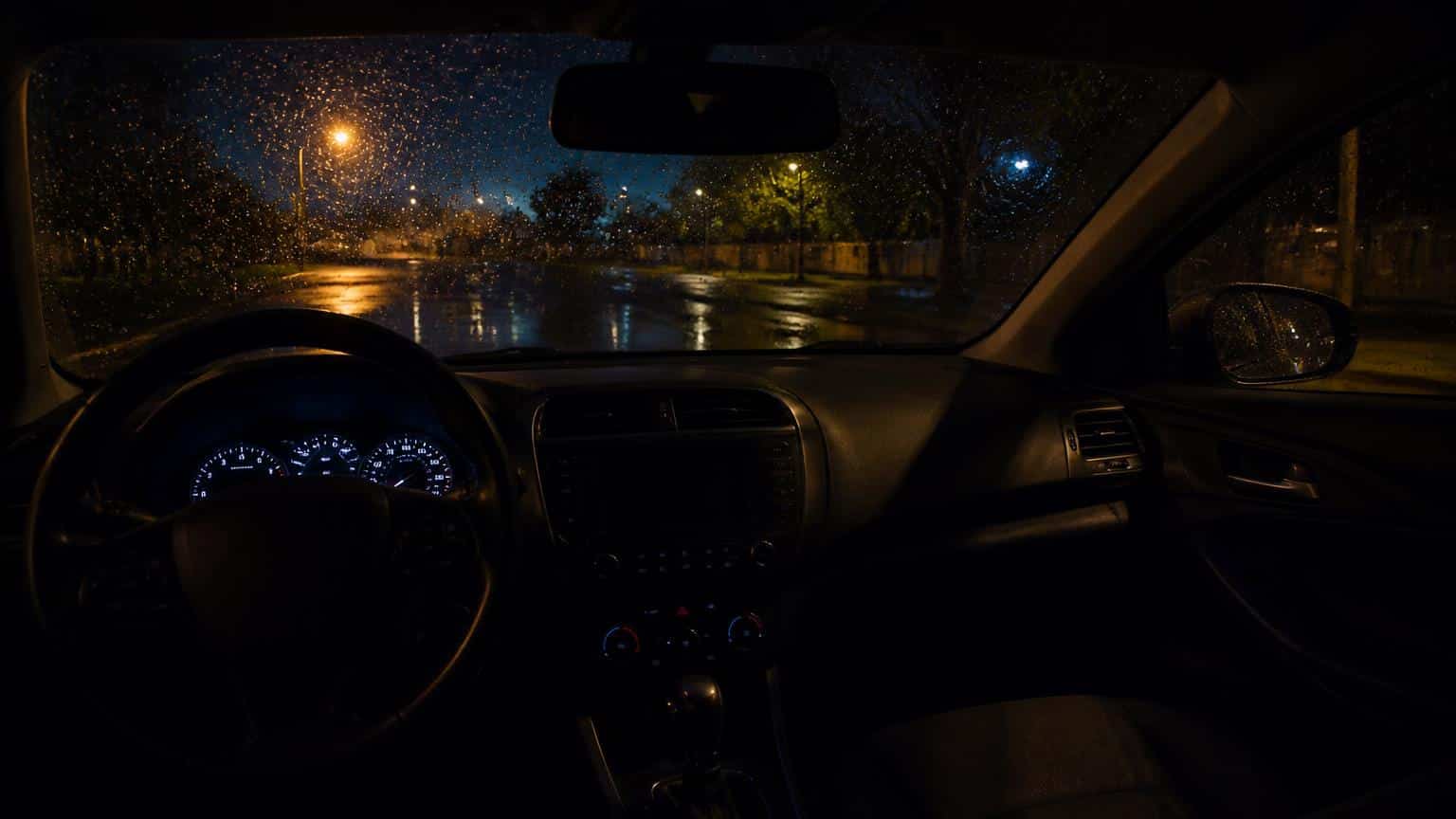 Rain streaks a parked car's windshield at night, a place where candid prayers are often spoken