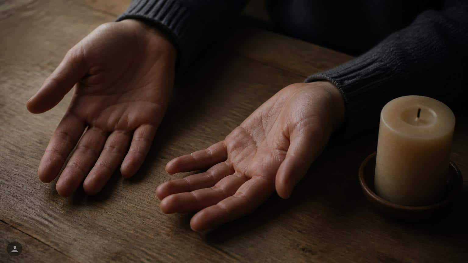Open hands lie quietly on a table in low light, symbolizing prayer after words have run out