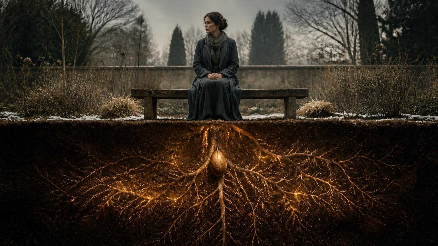 A woman waits in a quiet garden while roots grow unseen beneath the soil.