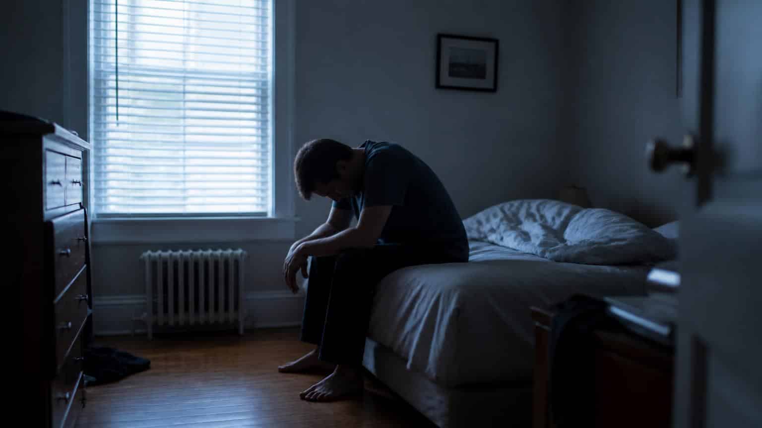 A man seated on the edge of his bed at dawn, conveying spiritual burnout and exhaustion