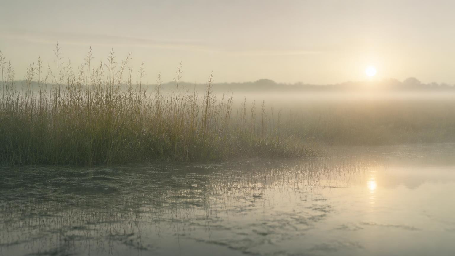 Still water and morning mist illustrating rest and refreshment from spiritual fatigue