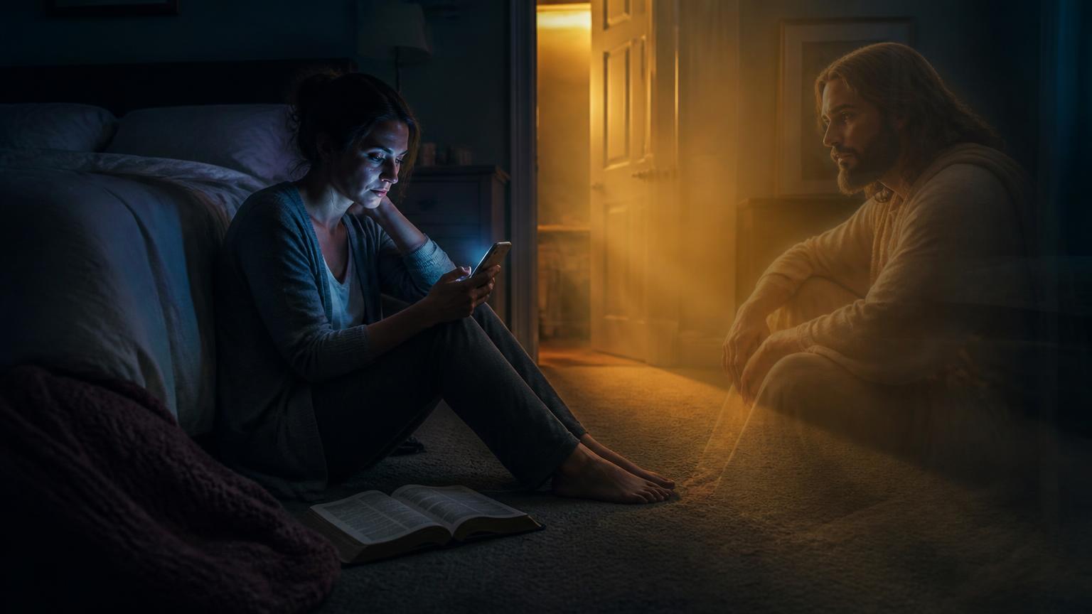 A woman sits beside her bed with her phone and Bible while quietly waiting on God.