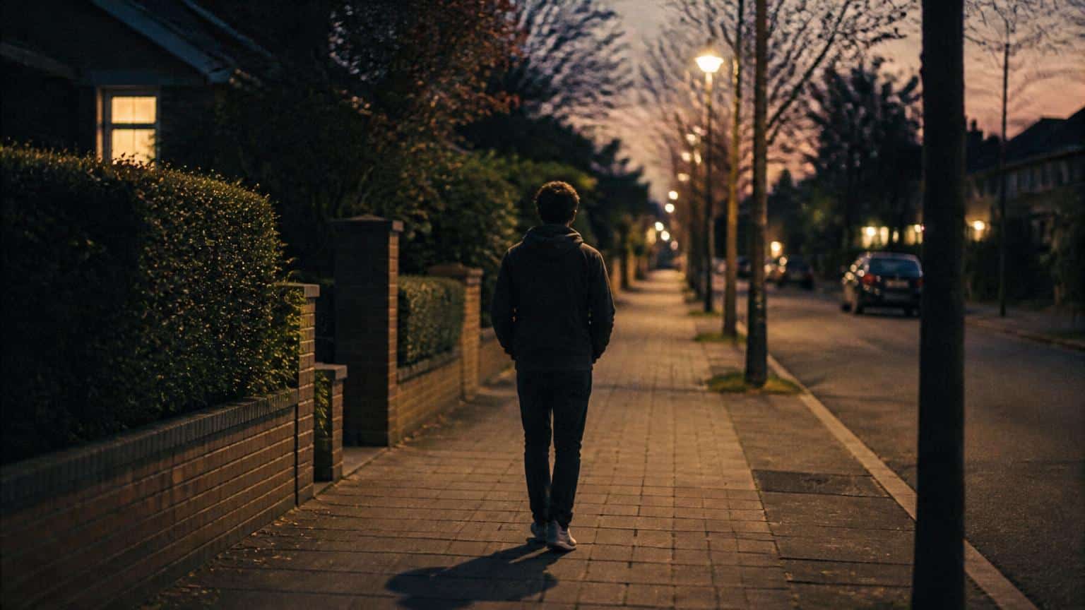 At dusk, someone walks alone along a sidewalk while processing a lengthy wait
