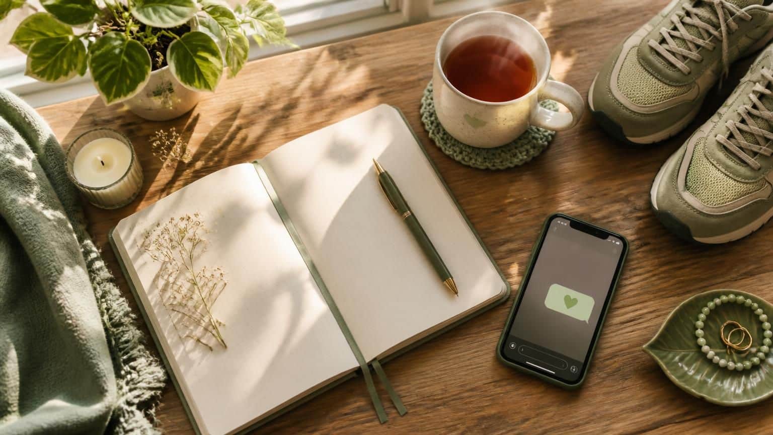 Journal, tea, walking shoes and phone arranged on a table, showing small steps to cope when feeling stuck in life
